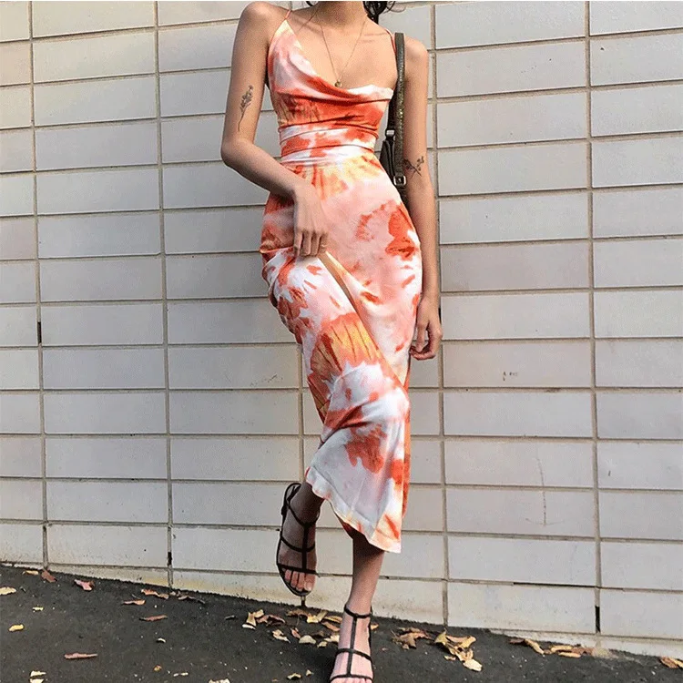 

2025 Summer New Fashion Printed Tie-dye Backless Strap Slim Dress Kaftan 2025 Summer Dress Robe Vestido Women Elegant Party