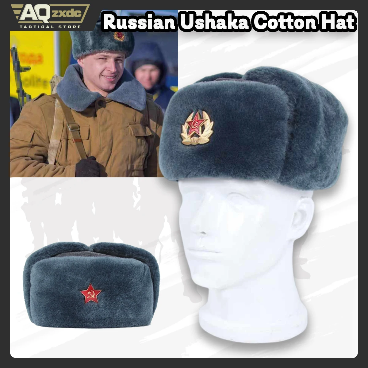 

AQzxdc Холодная война Советская русская ушака Хлопковая шапка M69 Красная армейская звезда Серая зимняя шапка Флокированная шапка Lei Feng