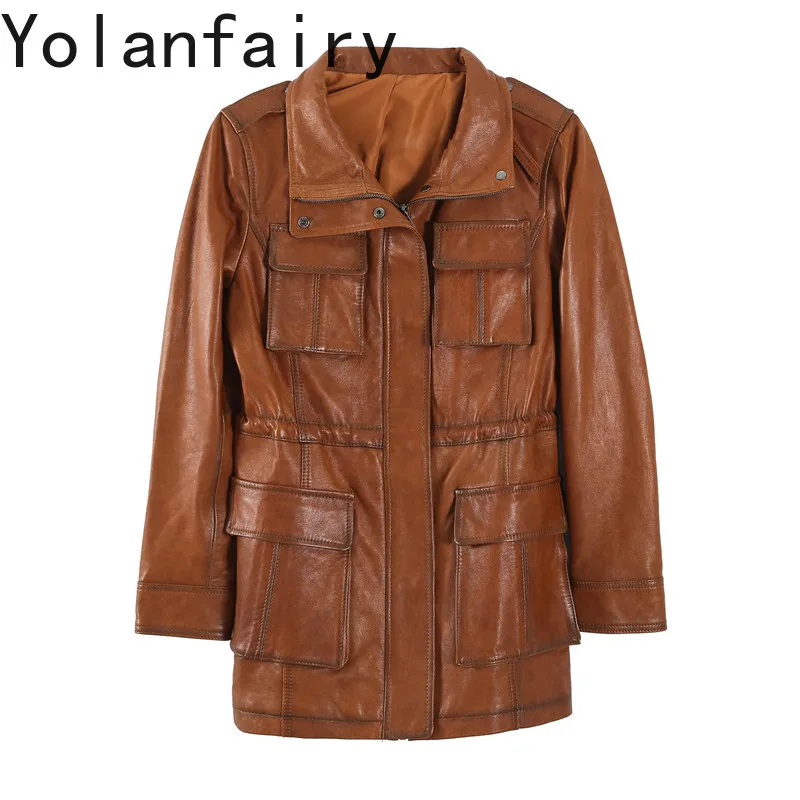 

YOLANFAIRY Genuine Sheepskin Real Leather Coat Women Mid-length Snowflake Leather Jacket Autumn Korean Slim Fit Long Sleeve Coat