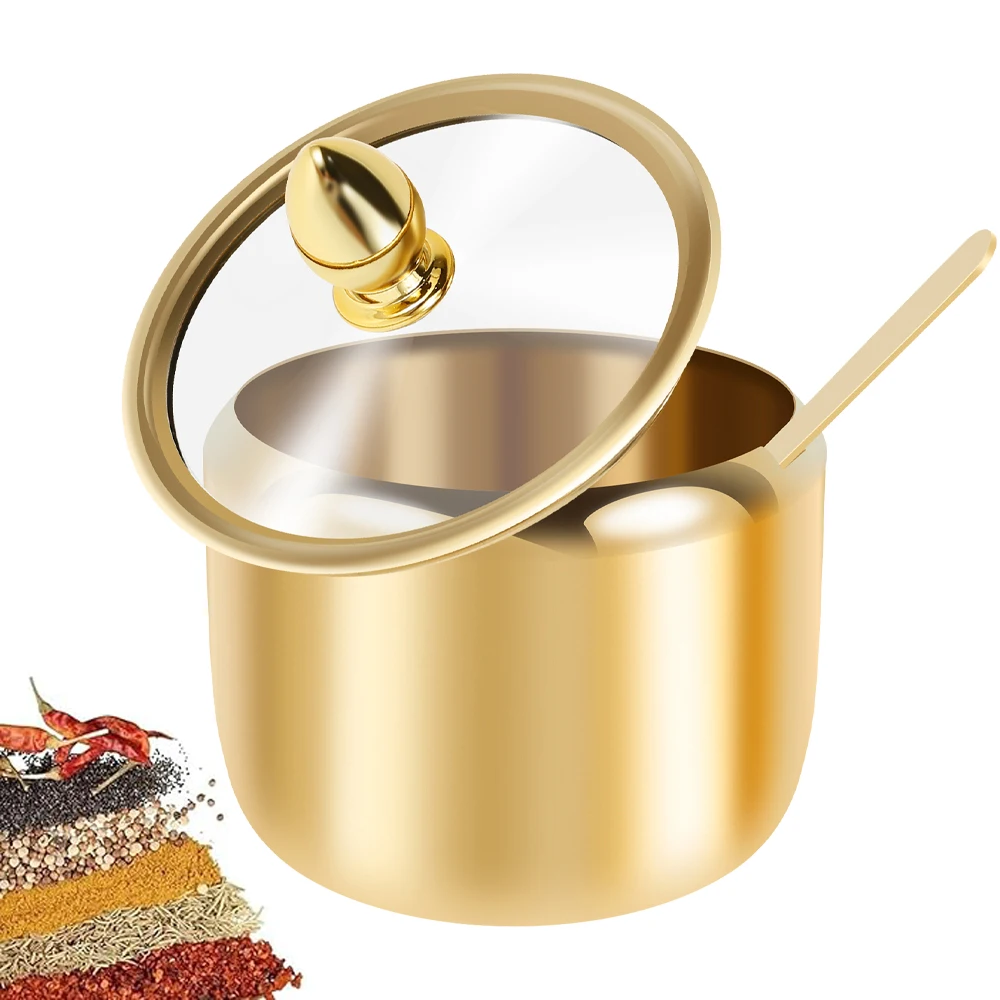 

10oz Seasoning Container 304 Stainless Steel Sugar Jar with Clear Glass Lid&Spoon Multifunctional Pot for Salt Candy Coffee Bean