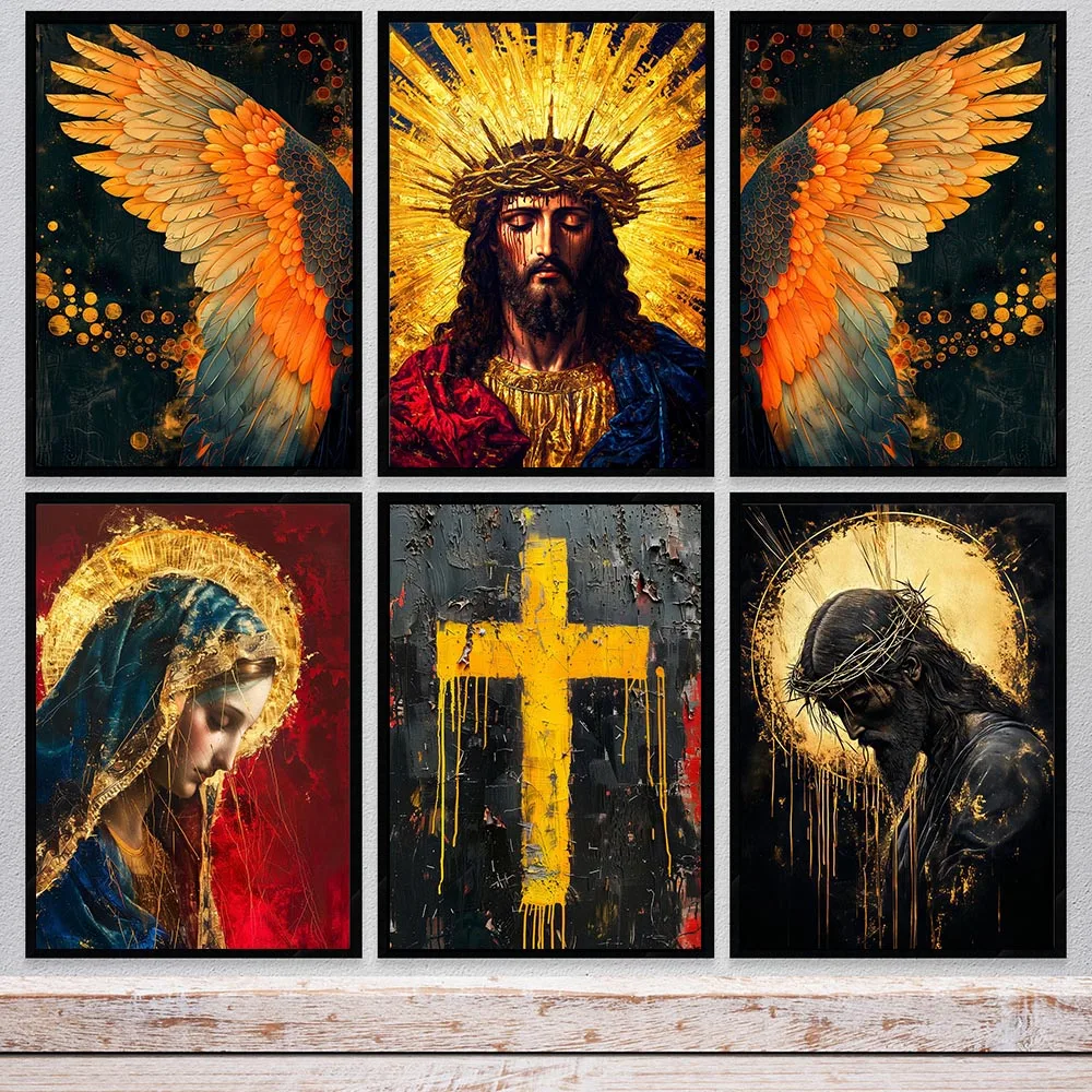 1pc  frameless Canvas Painting Christian Faith Wall Art Angel Knight in Prayer Canvas Painting Crown of Thorns Poster Glory of J