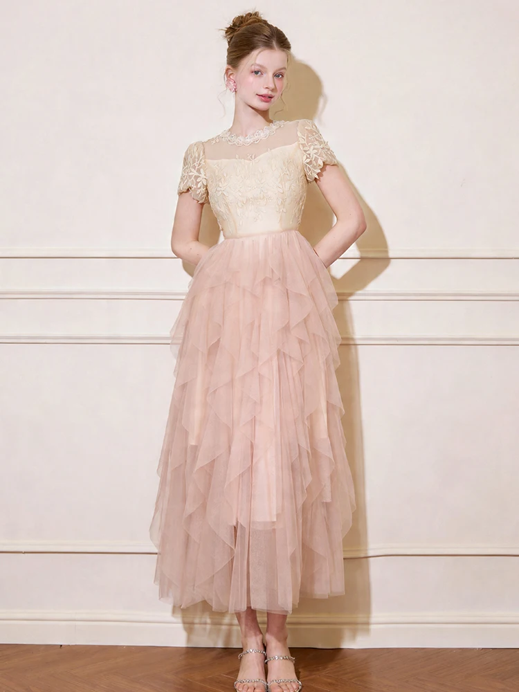 

Elegant Sweet Pink Lace Tulle Maxi Dress New Summer Women Sheer O-Neck Slim A-Line Long Dresses Date Party Gown Vacation Daily