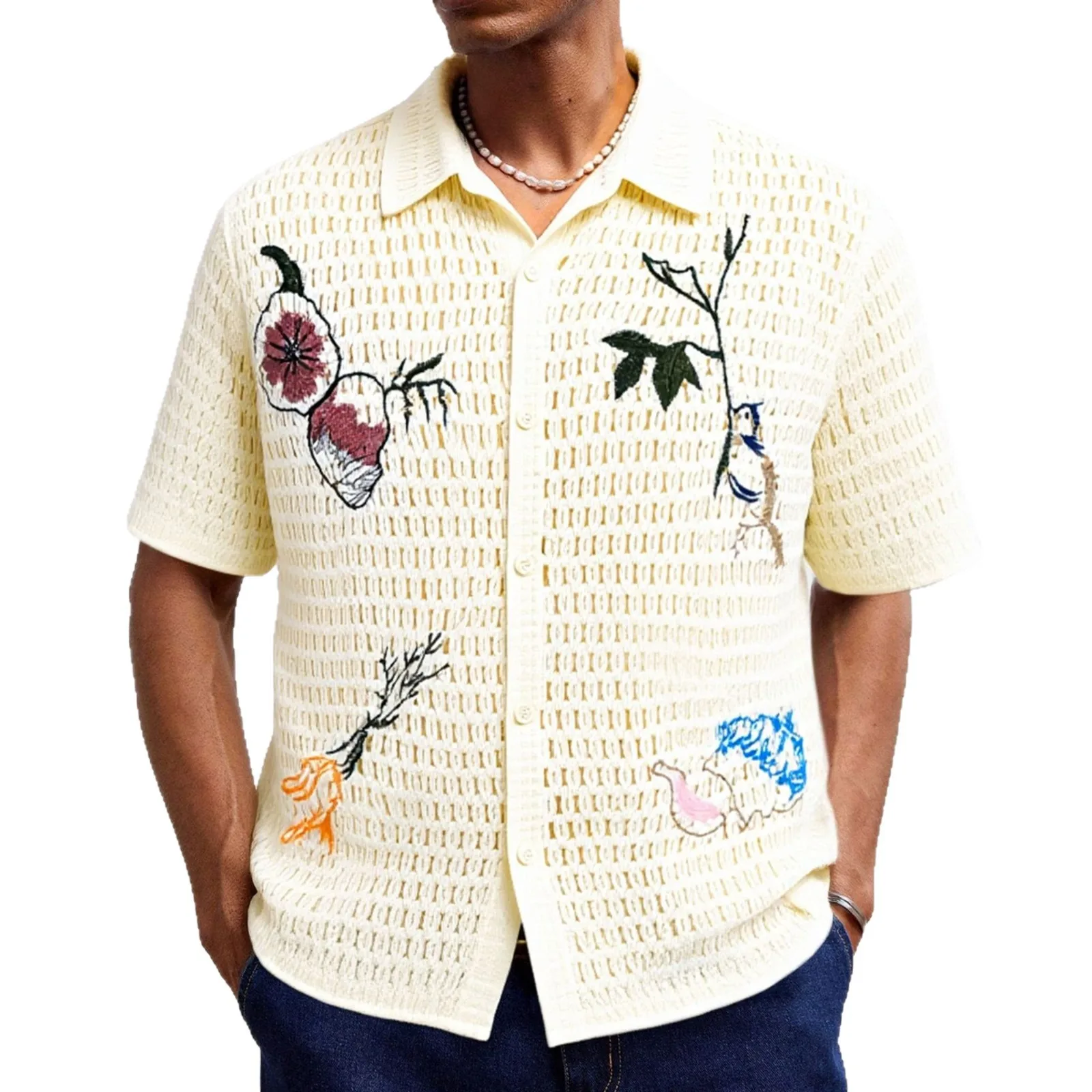 Men's crochet knit sweater embroidered hollow collar vacation style cardigan polo shirt men's luxury fashion top