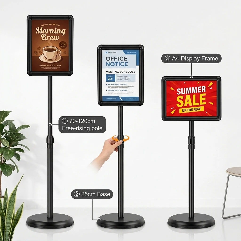 Floor Standing Promotion Sign Holder Adjustable Poster Display Frame Rack Metal Rounded Corner Signage Stand for Mall Restaurant