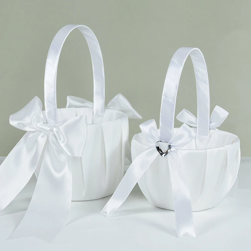 Wedding Flower Girls Basket With Bow Wedding Ceremony Ring Pillow Rose Petal Confetti Satin Basket For Engagement Party Supplies