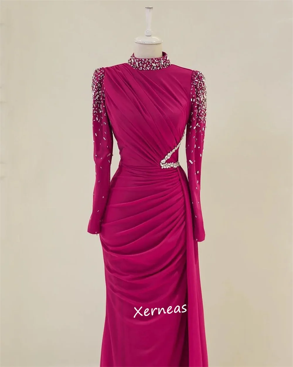 Jersey personalizado, vestidos largos de trompeta con cuello alto y pliegues de diamantes de imitación, ocasión a medida, noche de lujo para mujer, hermoso y elegante