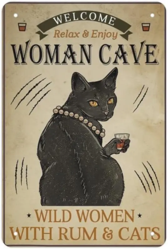 Black Cat Wine Funny Metal Signs Welcome Women Cave Weld Women Vintage Signs Retro Aluminum Tin Sign For Garden Kitchen Office H