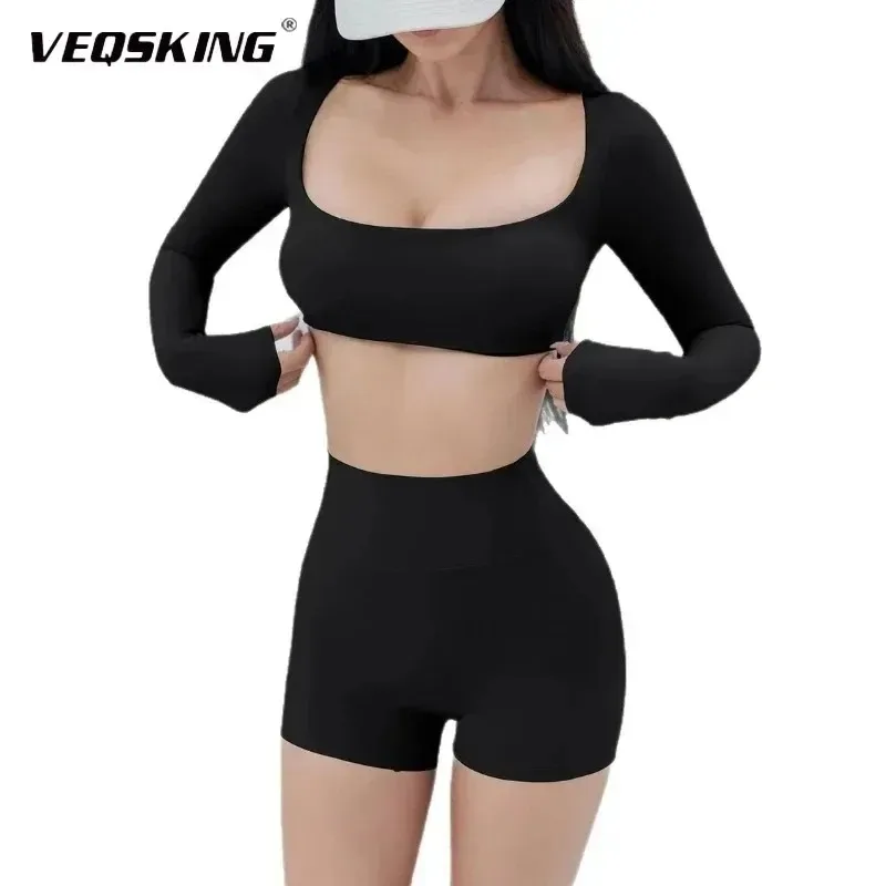 

Женский комплект для йоги с подушкой на груди, плотный топ с длинными рукавами, брюки три четверти с высокой талией, быстросохнущий комплект для фитнеса