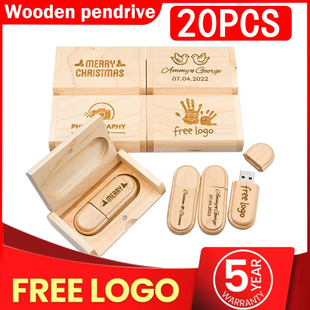 20PCS per Lot Wooden USB 2.0 Wood USB Flash Drive Pendrive 4GB 8GB 16GB 32GB 64GB Memory Stick Wholesale for Wedding Free Logo