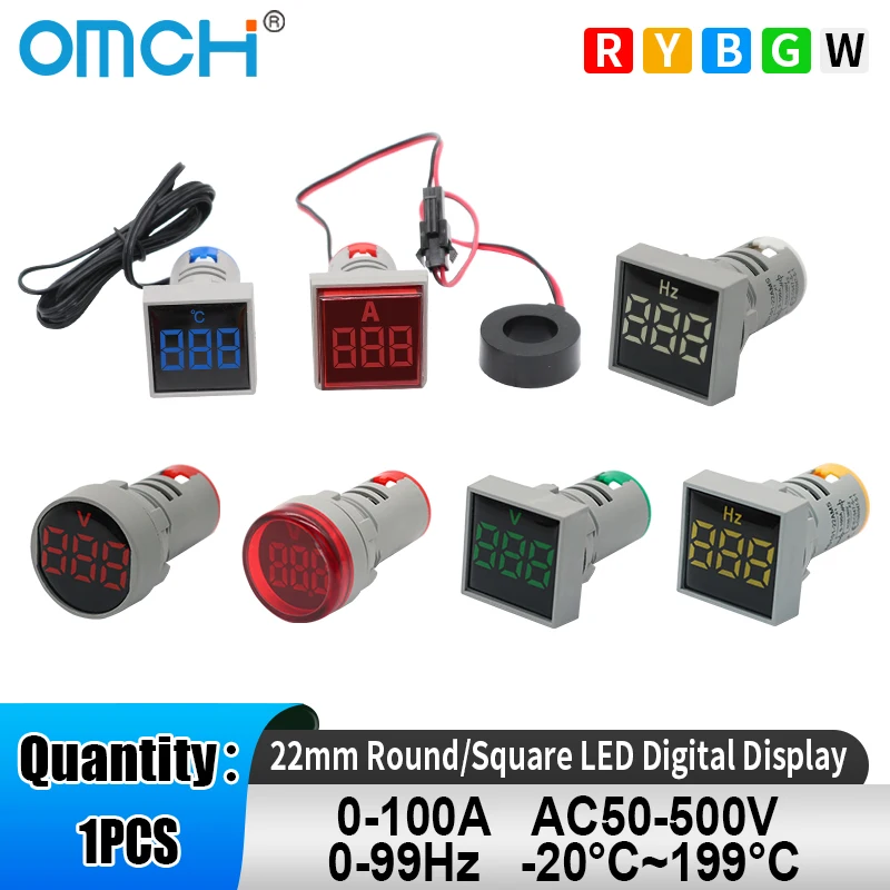 

OMCH 1PCS 22mm LED Digital Display Round/Square Ammeter Voltmeter Hertz Meter Thermometer 0-100A AC50-500V 0-99Hz -20°C~199°C