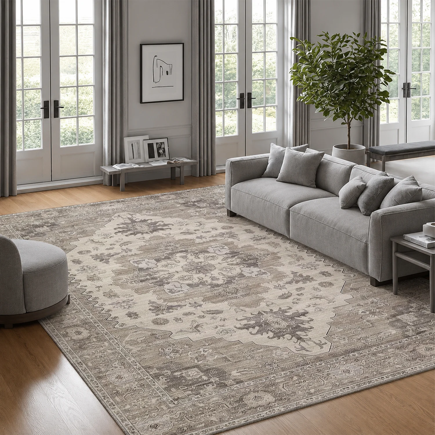Large Indoor Area Rug, Soft Velvet Low Pile with Non-slip Dotted Backing, Machine Washable Vintage Distressed Medallion Neutral Beige Gray Rug for Living Room Bedroom