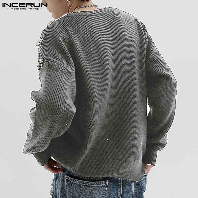 Men Casual T Shirt Solid Color Knitted O-neck Long Sleeve Hollow Out Tee Tops 2023 Streetwear Fashion Camisetas S-5XL INCERUN