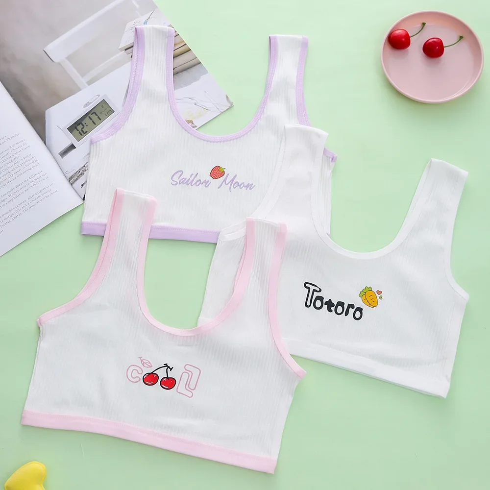 

3Pcs Cotton Girls Vest Underwear 7-14 Years Old Girls Training Bra Cartoon Printed Cute Single-layer Vest