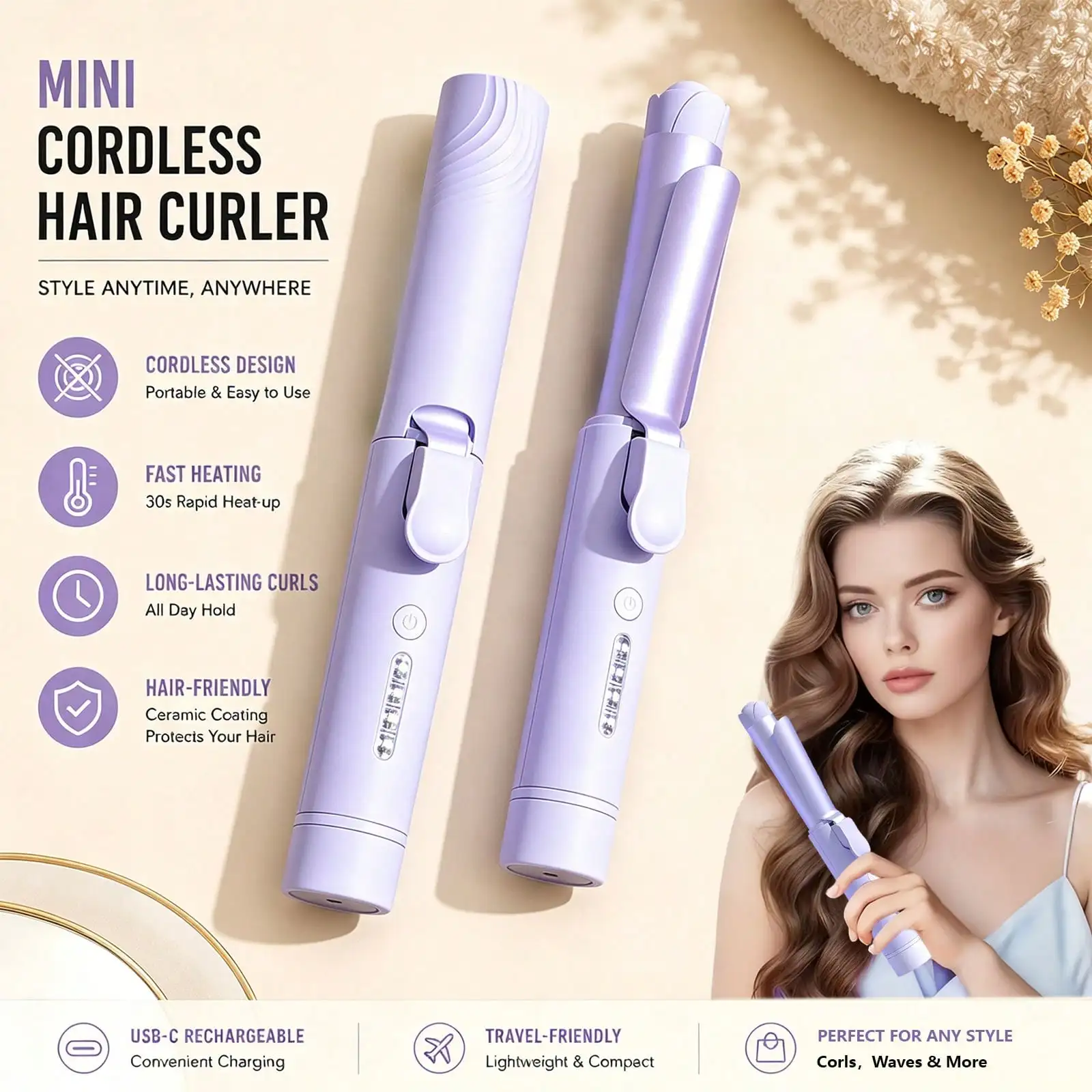 Portable Mini Wireless Hair Curler & Straightener, 2-in-1 Ceramic Hair Styler with 4 Adjustable Temperature Settings, USB Rechargeable Travel Flat Iron, Compact Hair Styling Tool, Perfect Gift for Mother's Day, Birthday, Christmas