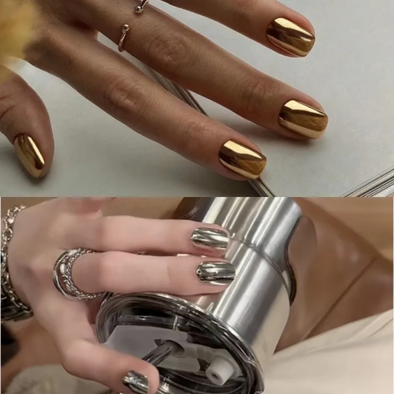 เล็บปลอม 24 ชิ้น รุ่น 2026 สีเงิน สีทอง เงาเมทัลลิก เล็บปลอมราคาถูก ติดเองได้ เล็บปลอมเหมือนจริง ชุดเล็บปลอมกดติด