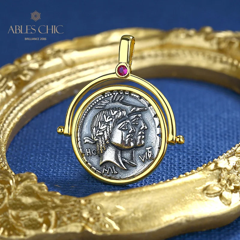 Imagem -02 - Roman God of Valor And Honor Silver Coins 18k Gold Charm Two Tone Pendant Apenas N1079 Sólido 925