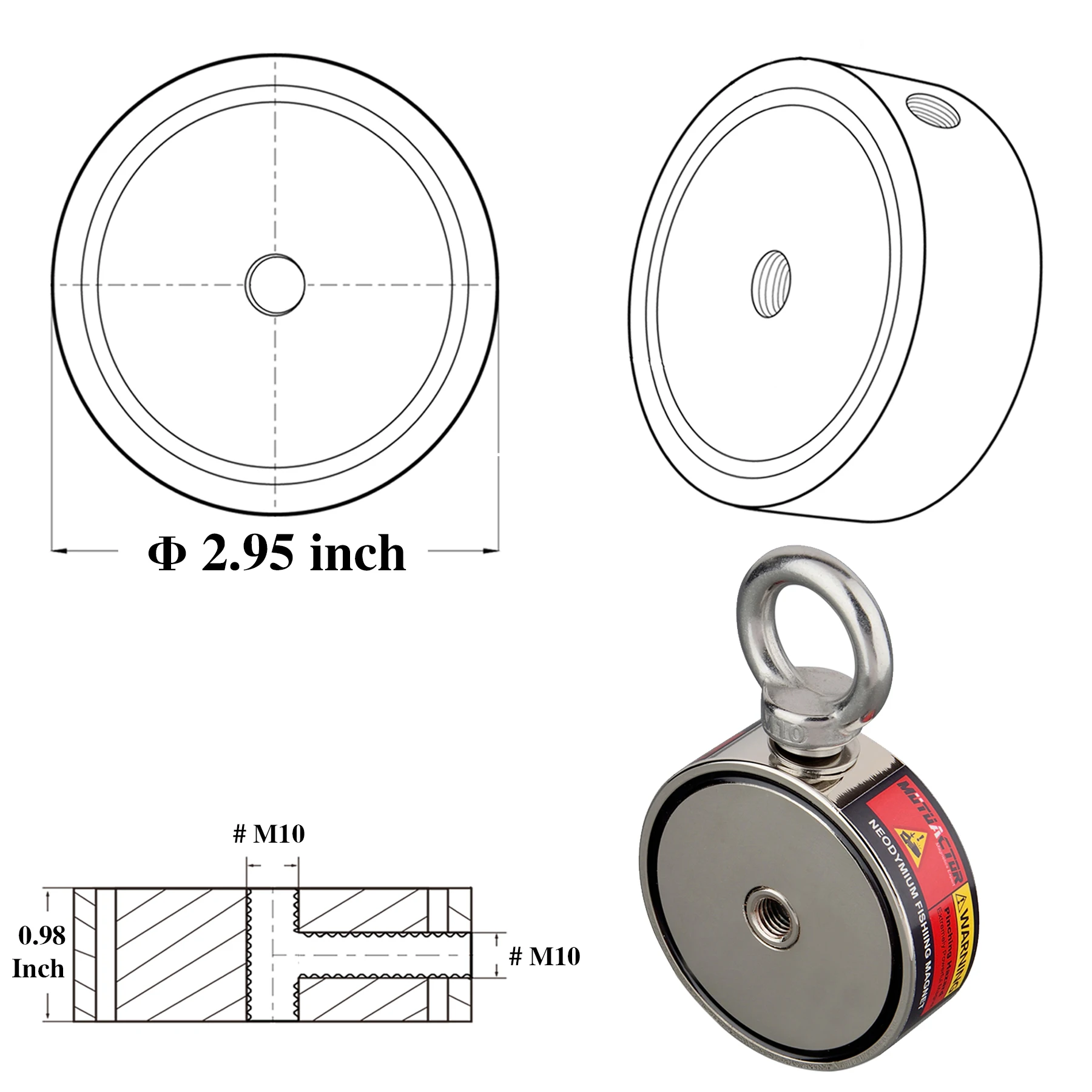 Imagem -02 - Forte Neodímio Redondo Ímã Conjunto Combinado Verticall Pullforce Pesca Detectando Metal Caixa de Segurança 600kg 2-sided