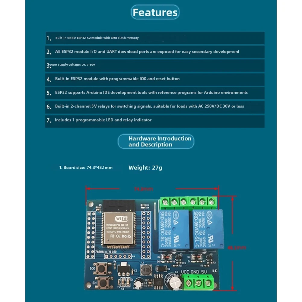 Dual WiFi Relay Board Designed for ESP32 Development Boards Supporting AC/DC Switching and DC5-60V Power Input