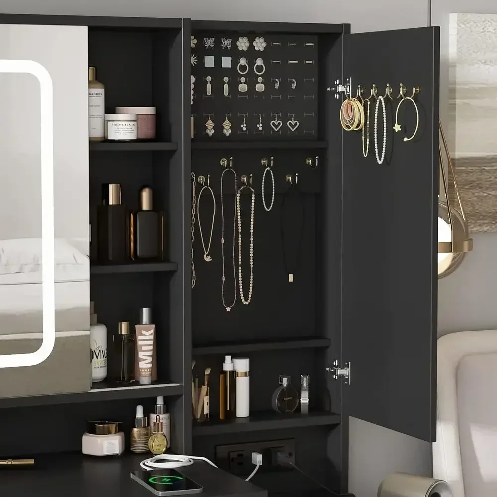 Illuminated Makeup Vanity Desk with Mirror, Drawers, Storage, and Sliding Door Charging Station