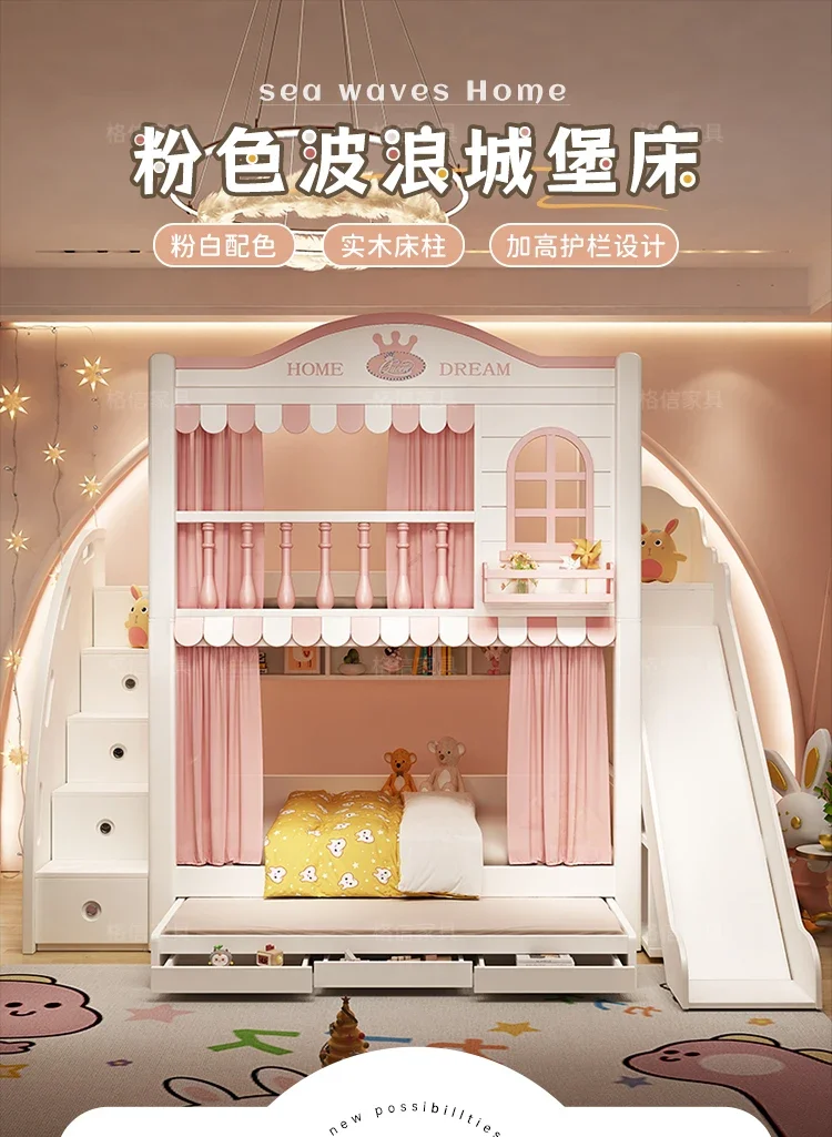 Children in and out of bed Double princess bed Small apartment Tree house slide