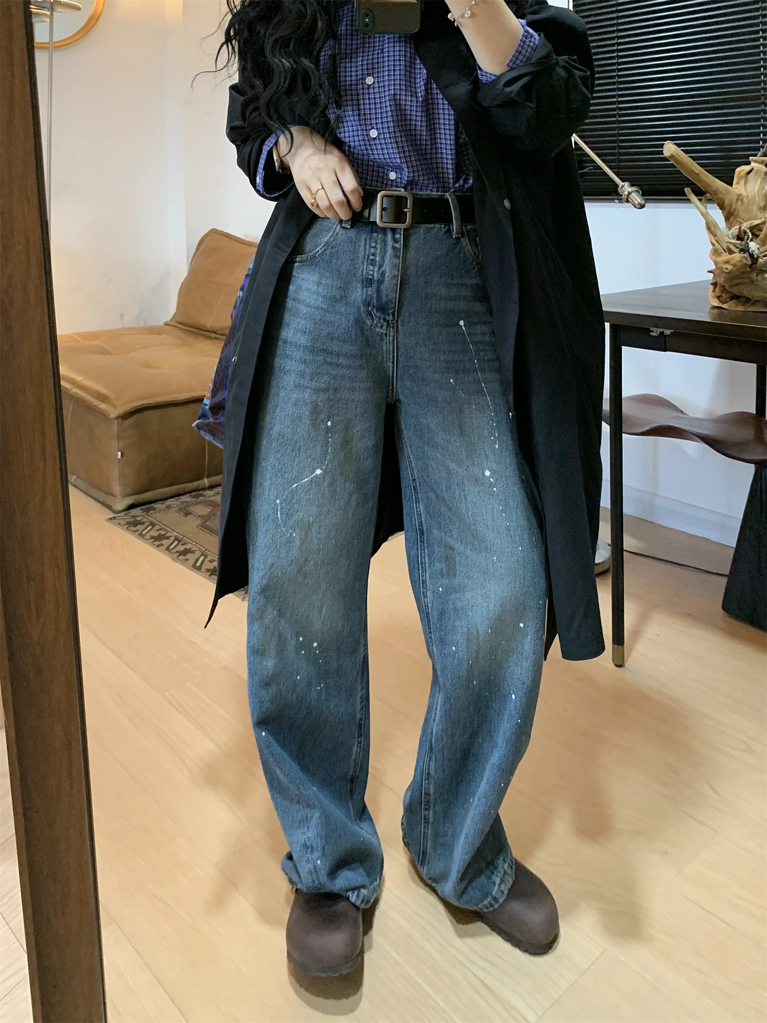 qineition-taille-haute-jambe-droite-version-etroite-denim-jean-femmes-automne-design-sens-vintage-peinture-eclaboussures-encre-jean