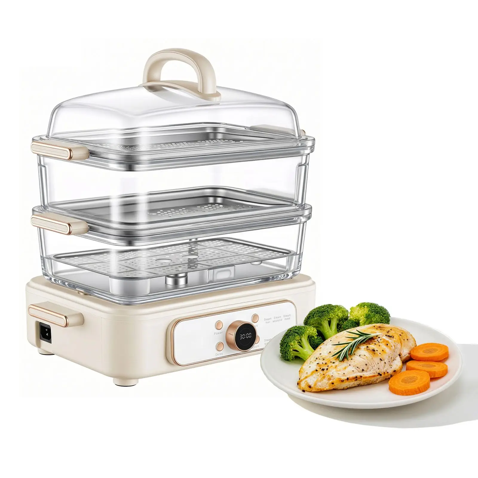 Electric Food Steamer 10.6 QT Glass with 3-Tier Stainless Steel Trays, 1200W Vegetable for Cooking, 2-4 Servings, Pre-Programmed
