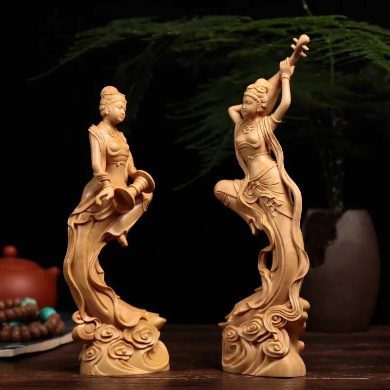 Hand Carved Boxwood Wooden Flying Apsaras Statues Pair (Set of 2) - Musician Dancer Ornament Home Office Desk Decor Gift