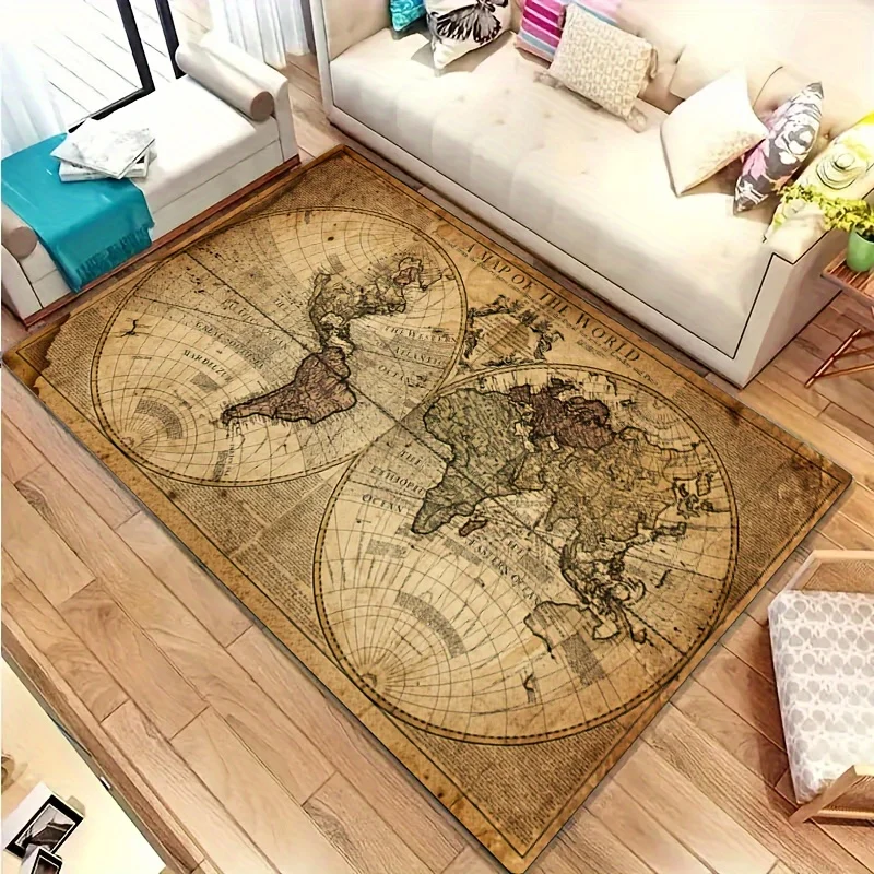 Vintage Map Design Non-Slip Floor Mat Washable Decorative Area Rug for Living Room Bedroom Sofa Side Home Decor