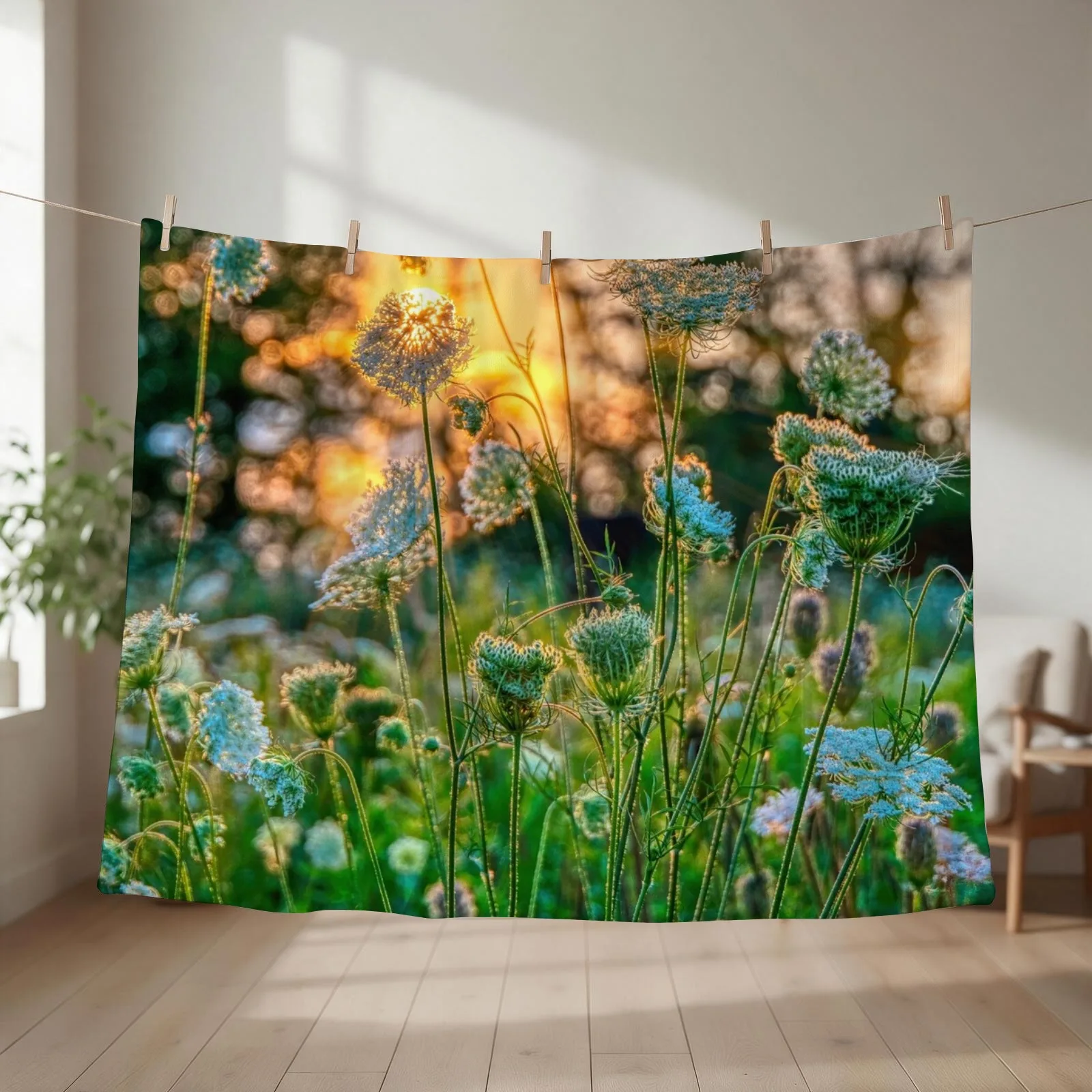 Sunset behind Queen Anne's Lace Throw Blanket couch cozy soft plush fuzzy picnic outdoor blanket