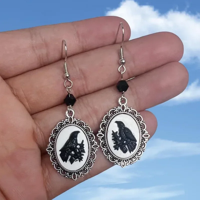 Vintage Gothic White Cat Raven Pattern Drop Earrings Women Punk Silver Color Frame Creative Earrings Party Jewelry Accessories