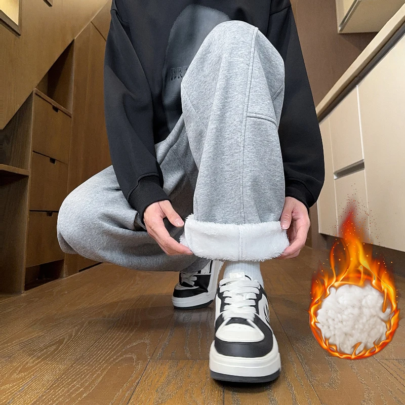 

Versatile Fleece Thick Casual Pants Winter Men's Baggy Sweatpants Elastic Waist Solid Color Plush Warm Daily Stylish Trousers