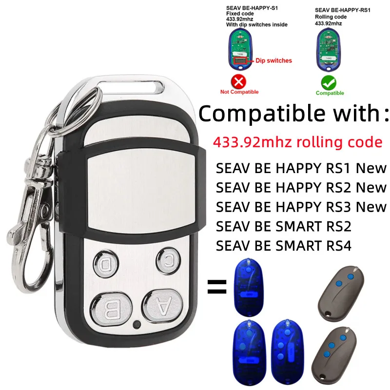 For SEAV BE HAPPY RS1 RS2 RS3 SMART RS2 RS4 Garage Door Remote Control 433.92 MHz Rolling Code