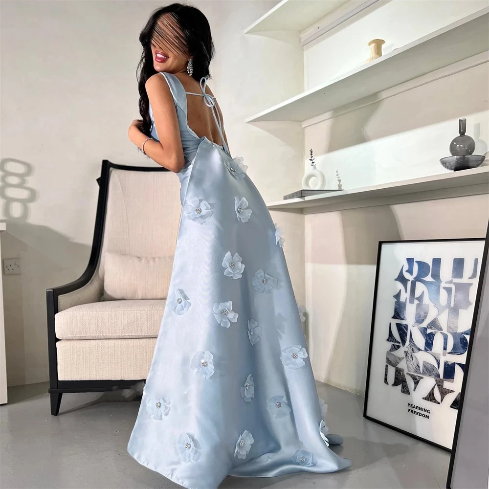 Party Dress Evening Line A Satin Gray Blue Flower Decoration Robe Soiree De Luxe Customized Formal Occasion Dresses Ball Gowns