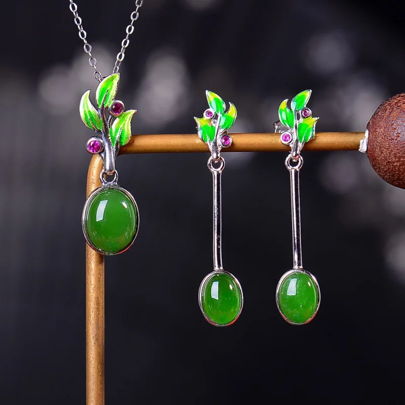 Suit Jewelry 925 Silver Enamel Inlaid Hetian Jade Without Black Emperor Green Tourmaline Accessories Cover