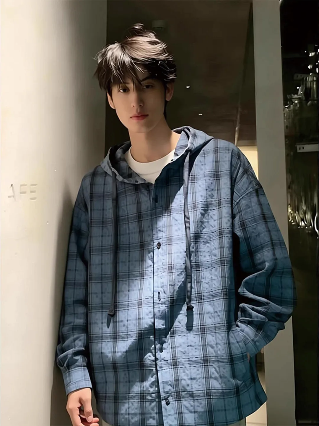 Blue Summer Casual Long Sleeve Plaid Shirt Men's Lightweight Breathable Loose Fit Hooded Outerwear Sun Protection Fashion