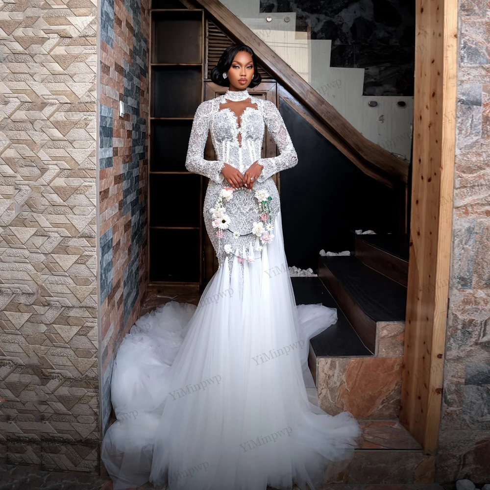 

Vintage White Lace Wedding Dresses Long Sleeves Sheer High Neck Lace Bridal Gowns Robe De Mariee For African Women Dresses