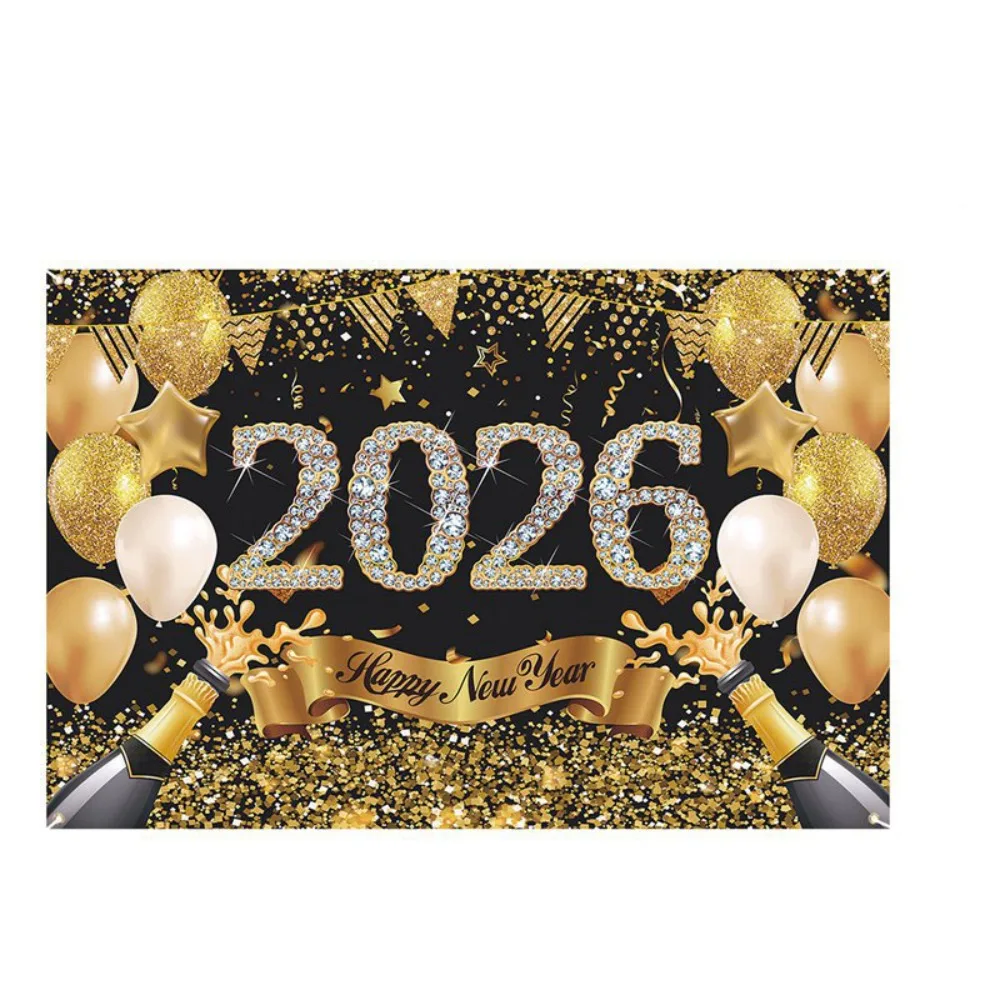 

Shiny 2026 New Year Backdrop Banner Black Gold Letter Photography Background Night Glittering Colorful Balloon