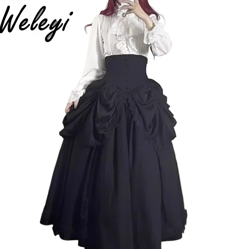 Jirai Kei Clothes Goth Lolita Suit Ropa Mujer All Seasons Streetwear New Pure White Pure Black Ji Sleeve Shirt SK Fishbone Skirt