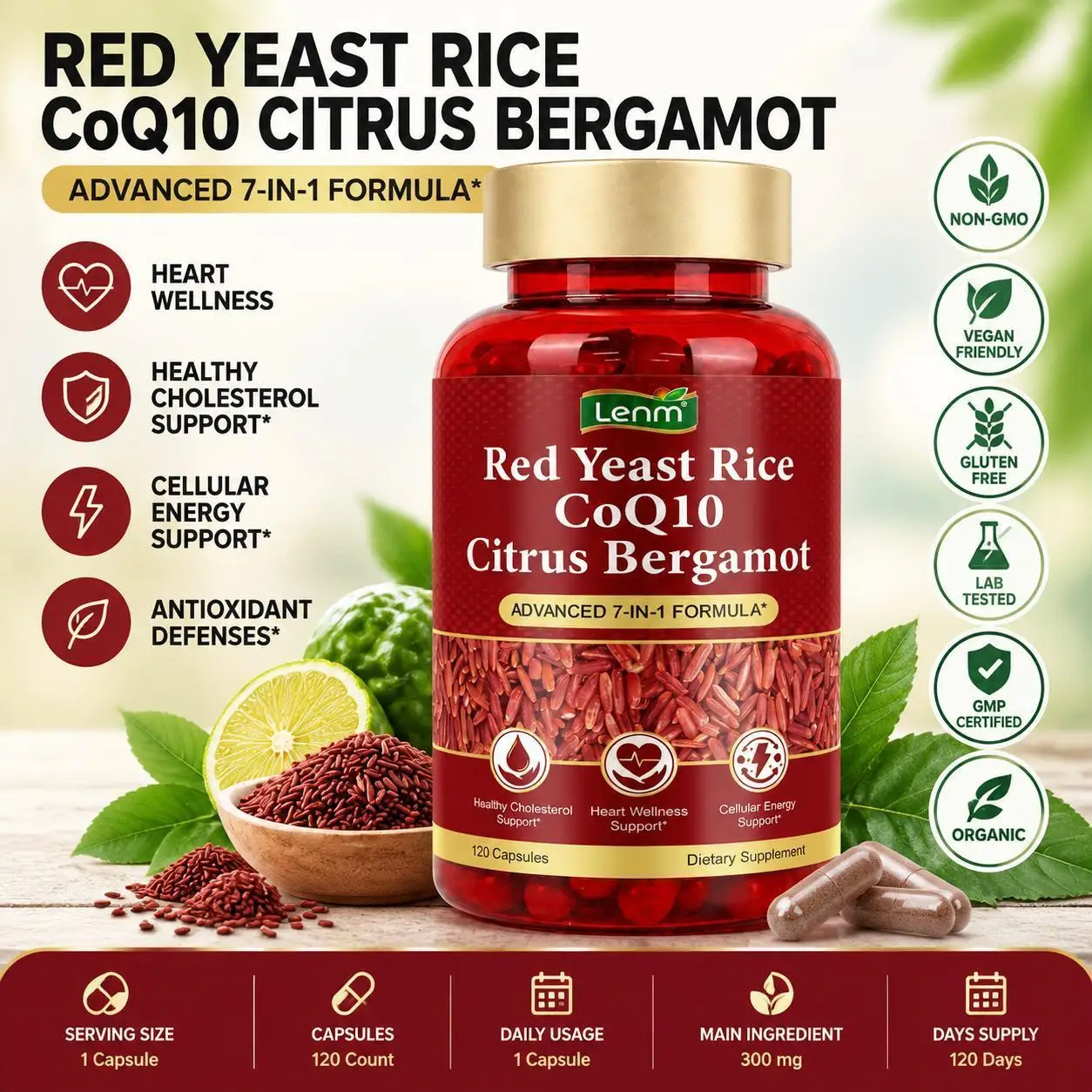 Red Yeast Rice CoQ10 Citrus Bergamot Capsules 300mg, 7-in-1 Formula with Phytosterols Vitamin B3 Supports Heart Wellness 120 Ct