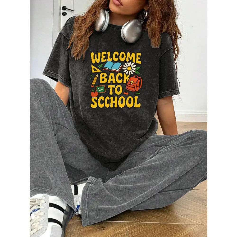 

Oversized Welcome Back To School Graphic Tee Washed Vintage Loose Fit T-Shirt Teacher Student Gift Unisex Top