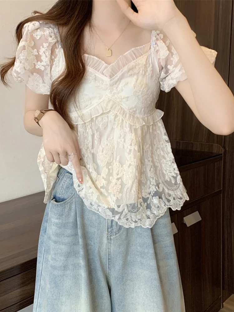 Fashion Elegant Blouses V Neck Puff Sleeve Solid Color Ruffles Plus Size Crop Tops All Match Summer Casual Loose Women Clothing