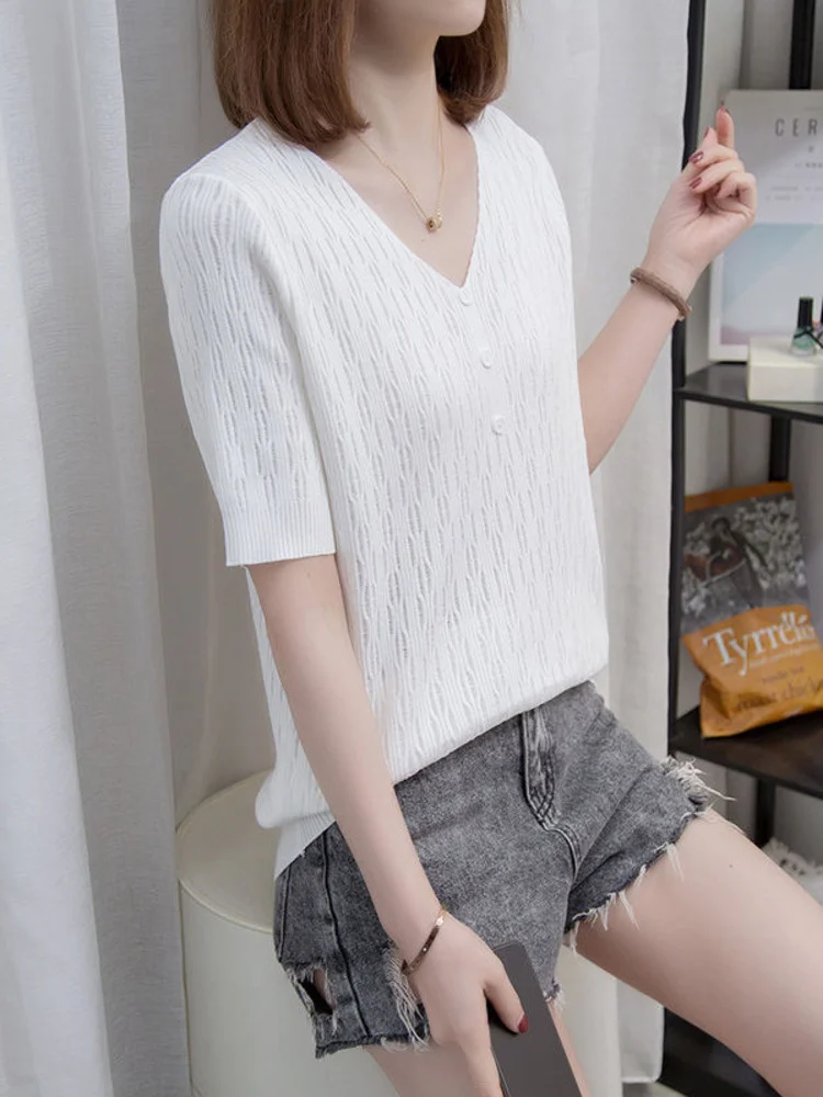 

Oversize Hollow Out Knitted T-shirts Women Summer V-neck Short Sleeve Ice Silk Large Tshirt Button Tops Knitwear
