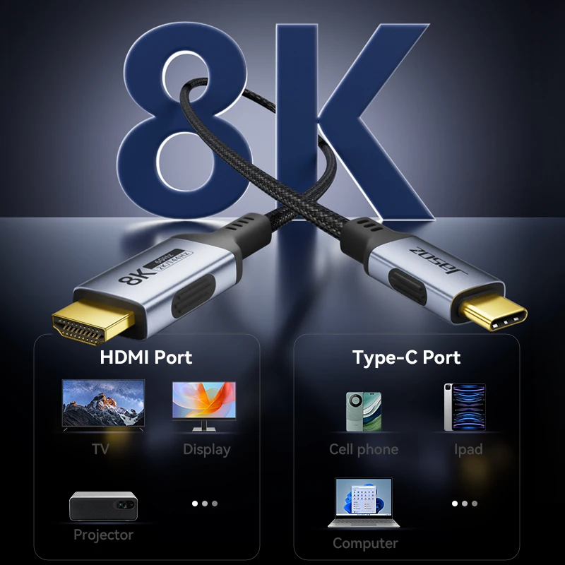 Jasoz USB C to HDMI Cable 8K/60Hz 4K/240Hz Type C to HDMI Cable For MacBook Pro Air iPad Pro Samsung Galaxy USB-C to HDMI 2.1