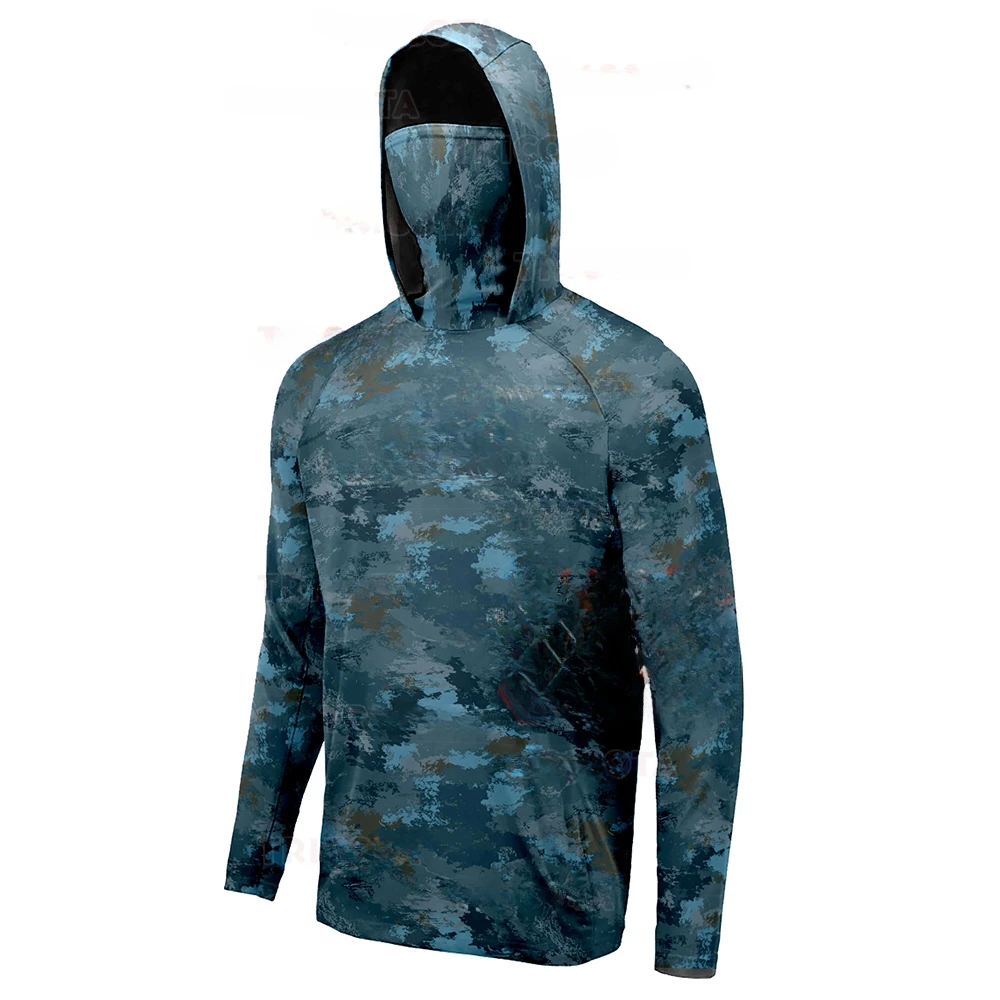 Outdoor Men Blue Camouflage Fishing Hoodie Built‑in Neck Gaiter  Sun Protection Lightweight Quick Dry Long Sleeve Fishing Shirt