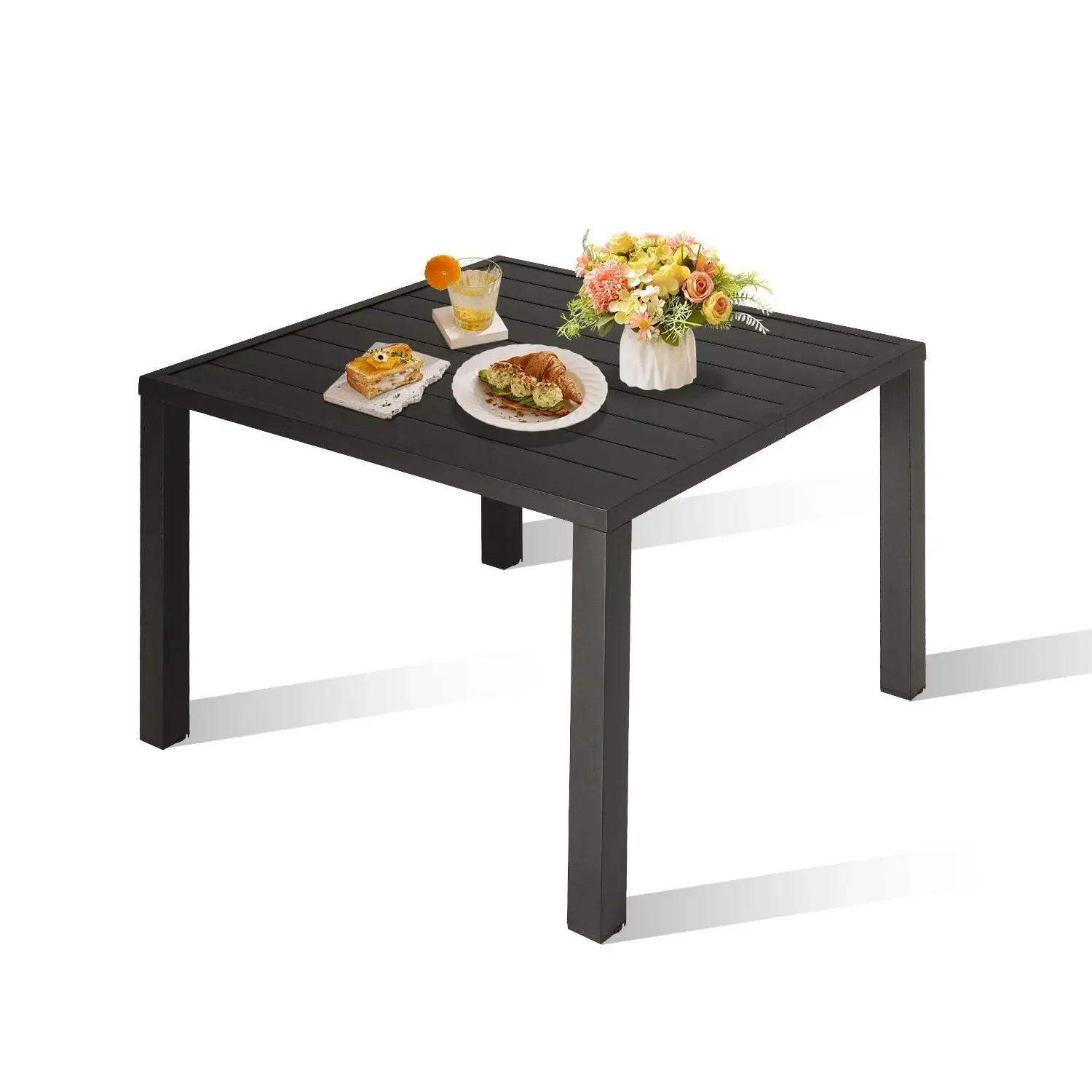 ！@63*63cm Outdoor Dining Table for 4 Square Slatted Metal Patio with Umbrella Hole for Deck Garden Lawn Backyard Use