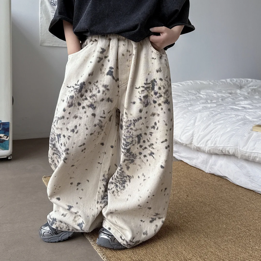 2026 Leopard Print Straight Leg Cotton Pants Fashion boys' Floor Length Wide Leg Pants Casual Spring Pants Loose