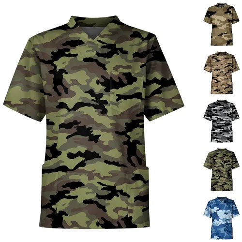 Imagen 2 del producto Uniformes de enfermera con estampado de camuflaje para hombre, Tops de manga corta con cuello en V, blusa con bolsillo de trabajo, ropa para hombre, camisetas de uniforme