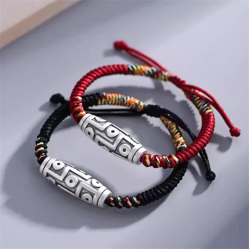 

999 Sterling Silver Nine-Eye Dzi Bead Bracelet, Tibetan Braided Retro, Lucky Bead, Unique Design, Unisex Jewelry Gift Wholesale