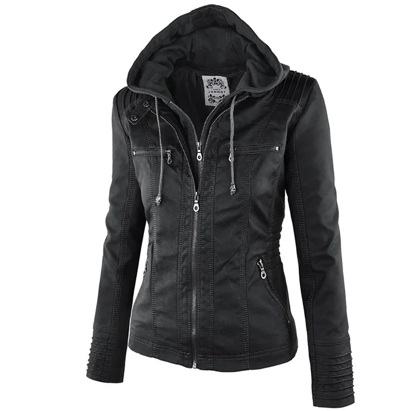 2022 Fashion Winter Faux Leather Jacket Women's Basic Jackets Hooded Black Slim Motorcycle Jacket Women Coats Female jaqueta