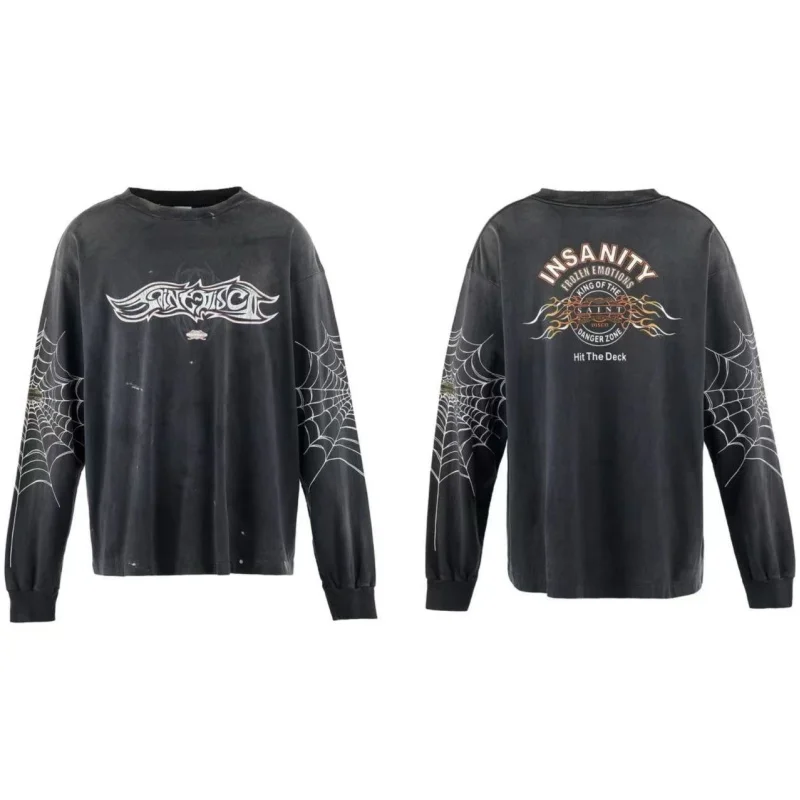 

High Street Trend SAINT 25SS Dark Grey Washed Destroyed Long Sleeve T-Shirt Mens Womens Vintage Printed T-Shirt